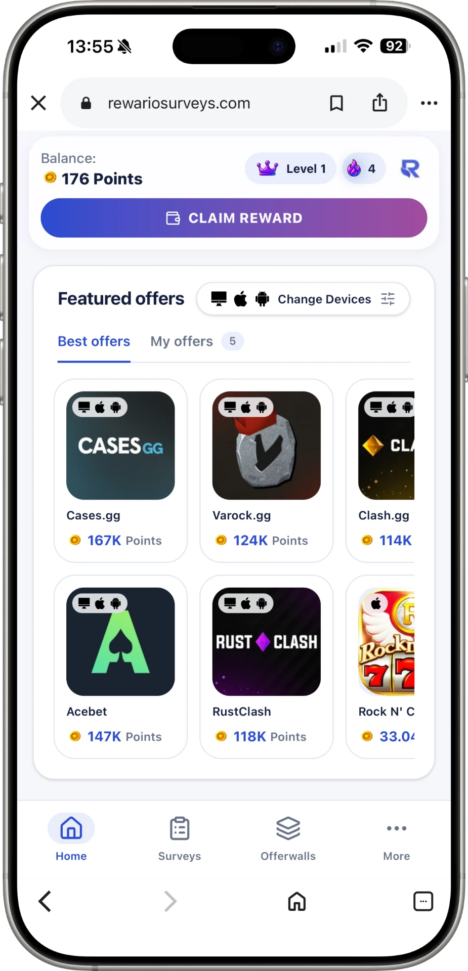 Rewario Surveys dashboard on a phone showing points balance and featured offers