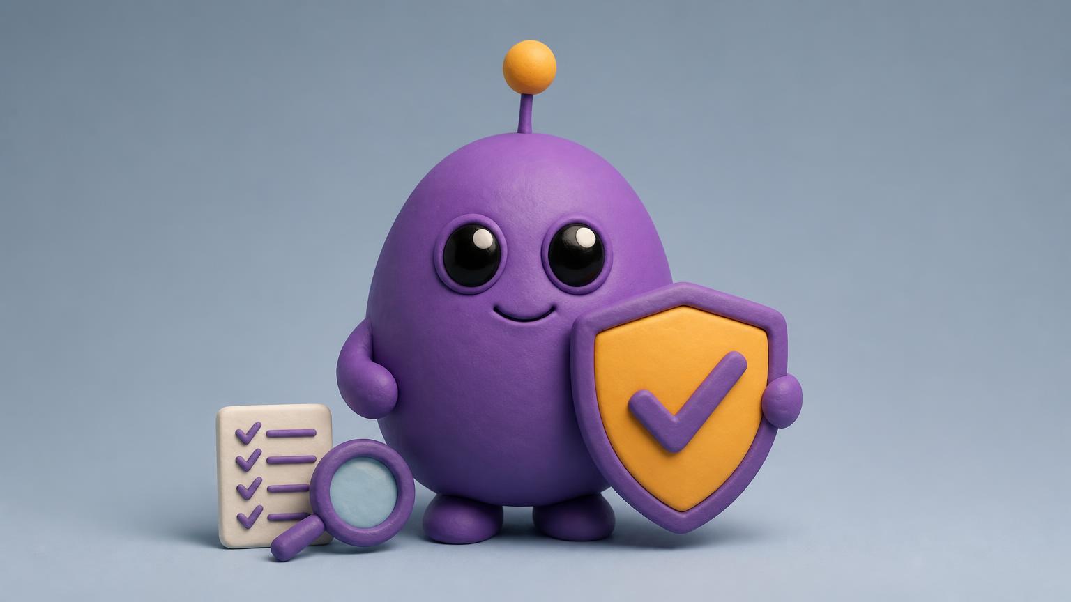 Mascot illustration holding a safety shield and checklist