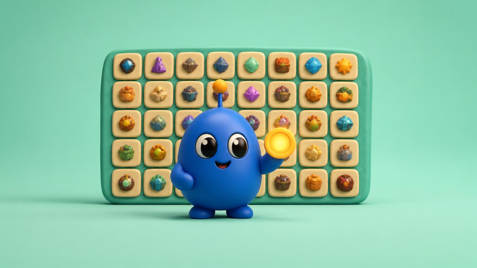 Mascot illustration in front of an offerwall of tiles
