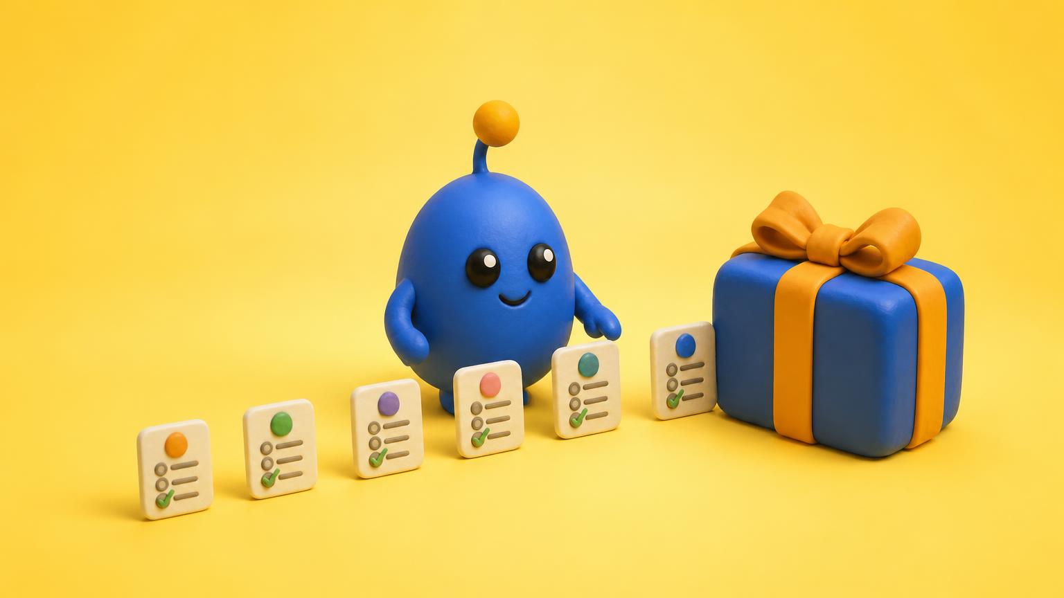 Mascot illustration counting surveys towards a gift card